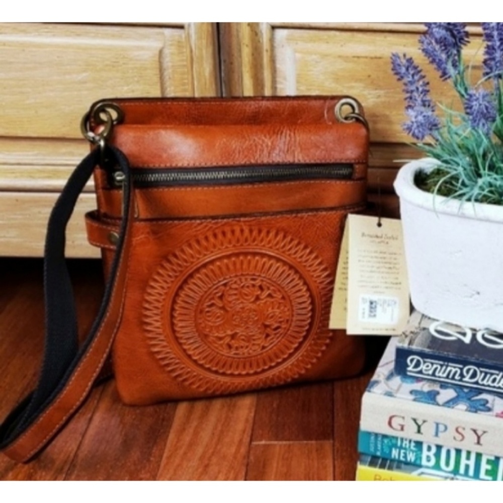 Burnished Tooled Leather Crossbody Bag